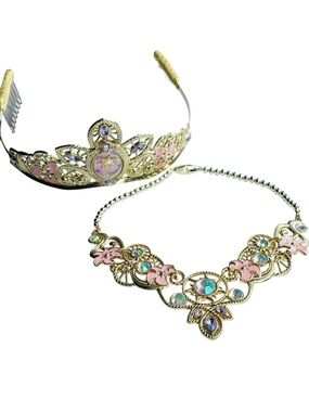 Disney Set Tangled Rapunzel Metal Tiara and Necklace Princess Pink Gold